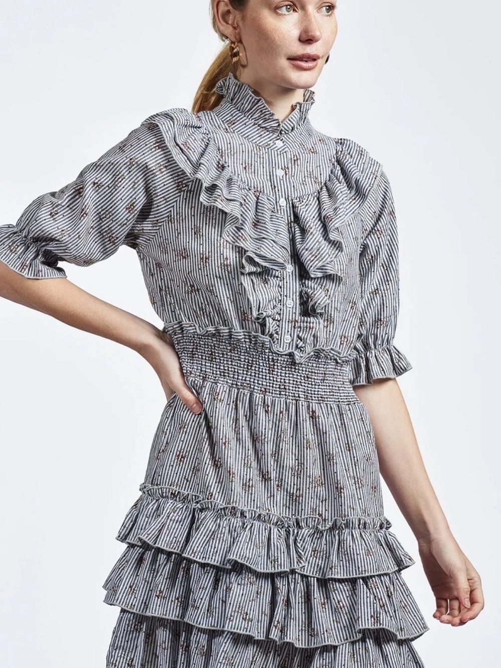 The Shirt by Rochelle Behrens Blue Striped Ruffle Stripe women’s Dress Size S
